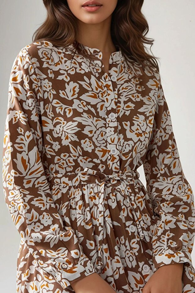 Gömlek Yaka Baskılı Maxi Elbise - 4