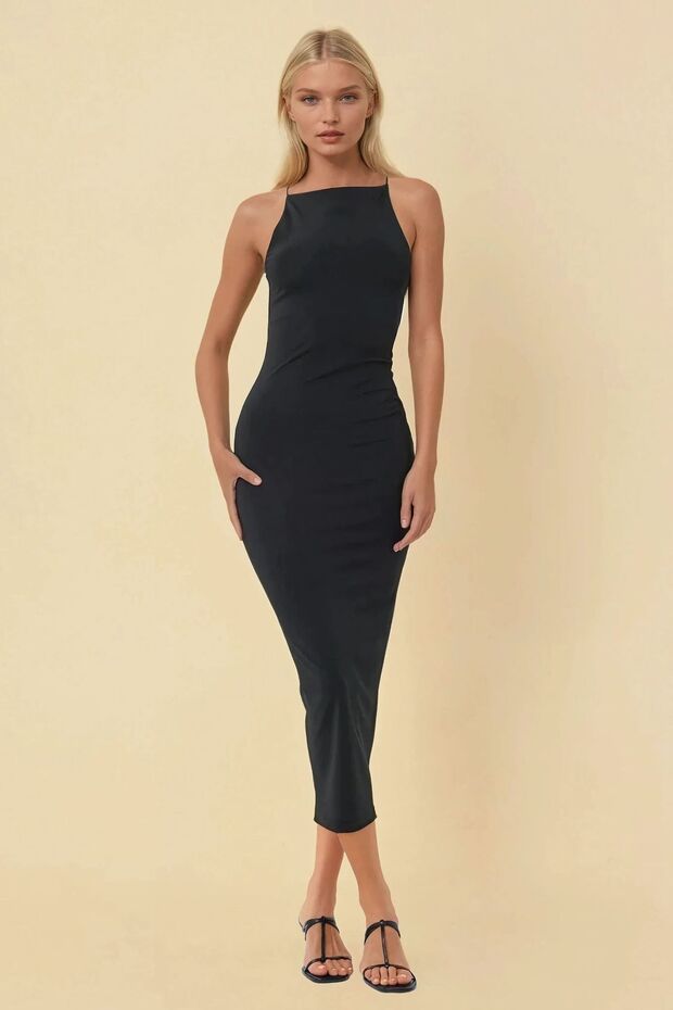 Halter Yaka Bodycon Örme Midi Elbise - 1