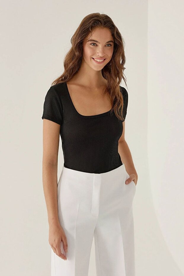 Bisiklet Yaka Örme Bodysuit - 4