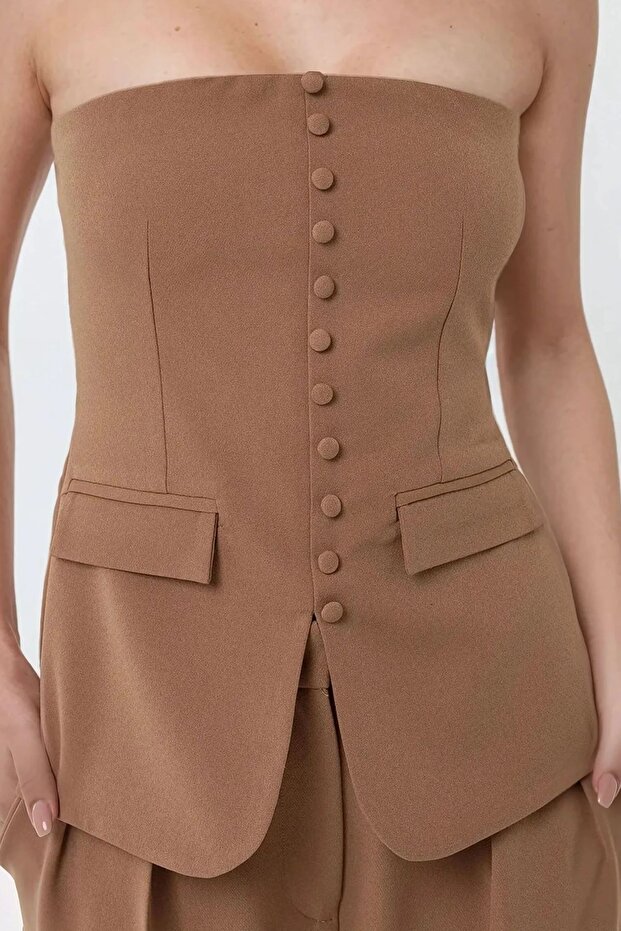 Straplez Önü Düğmeli Dokuma Üst - 3