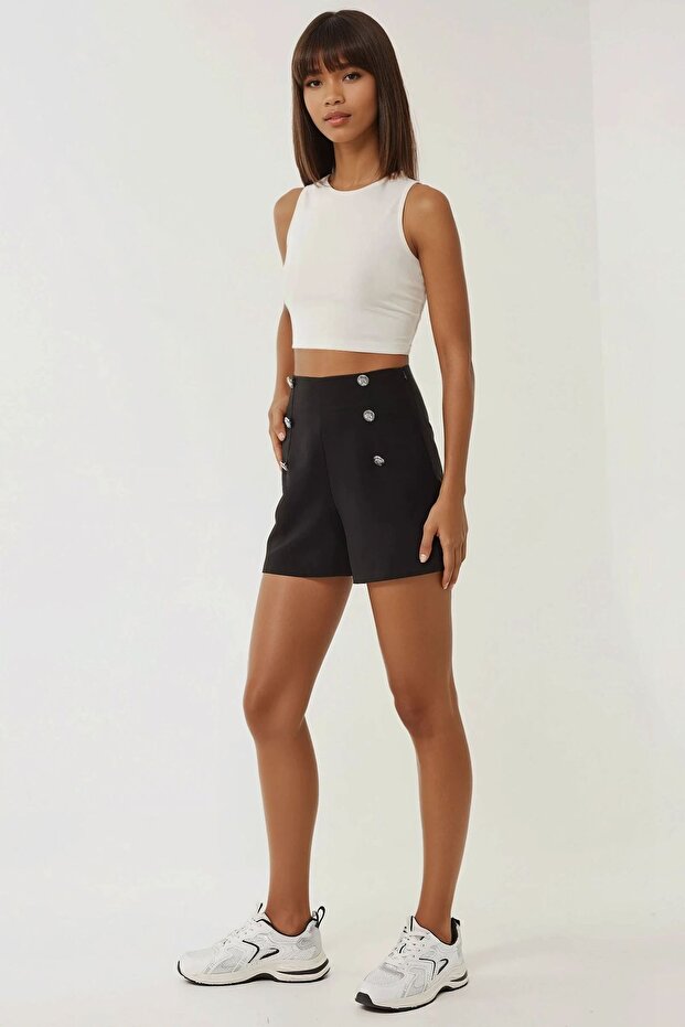 Düğmeli Yüksek Bel Şort - 4