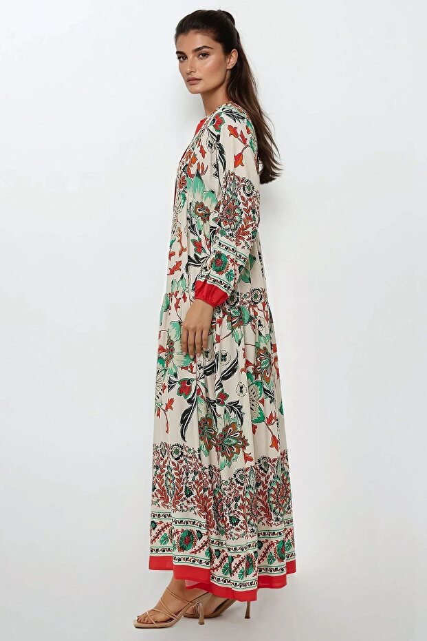 Baskılı Uzun Kol Viskon Modest Elbise - 6