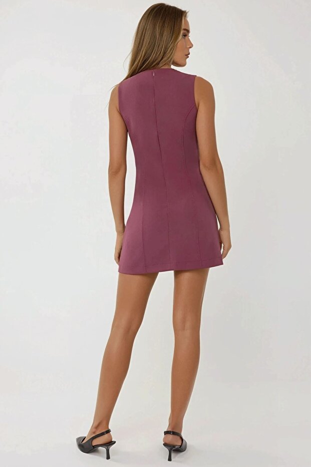 Düğmeli Fitted Bisiklet Yaka Mini Elbise - 5