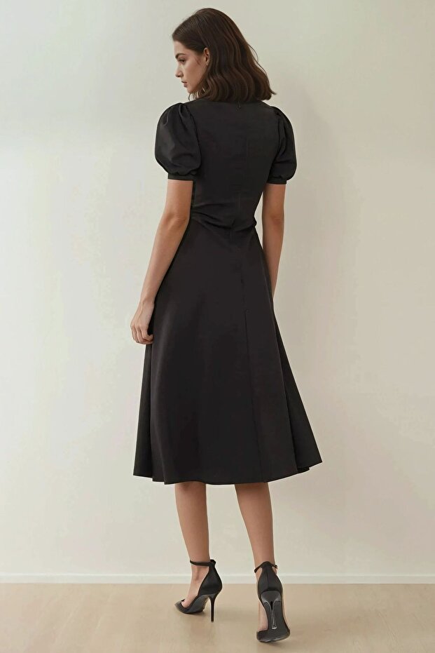 V-Yaka A-Form Krep Midi Elbise - 4