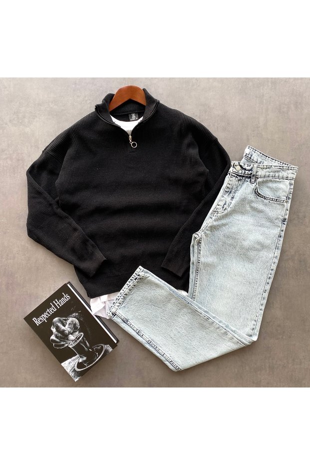 Thessaloniki Knitted Half Zipper Knitwear Sweat and Baggy Pants 2-Piece Set