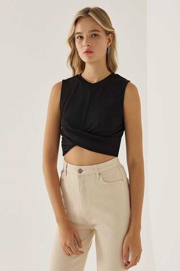 Çapraz Detaylı Örme Crop Atlet - 1