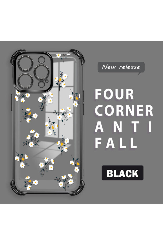 iPhone 15 Pro Compatible Camera Protected Transparent Soft Silicone Phone Case Flower Pattern