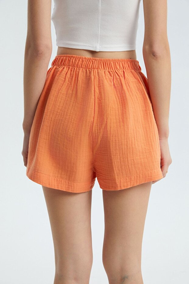 Keten Yüksek Bel Elastik Bel Şort - 3