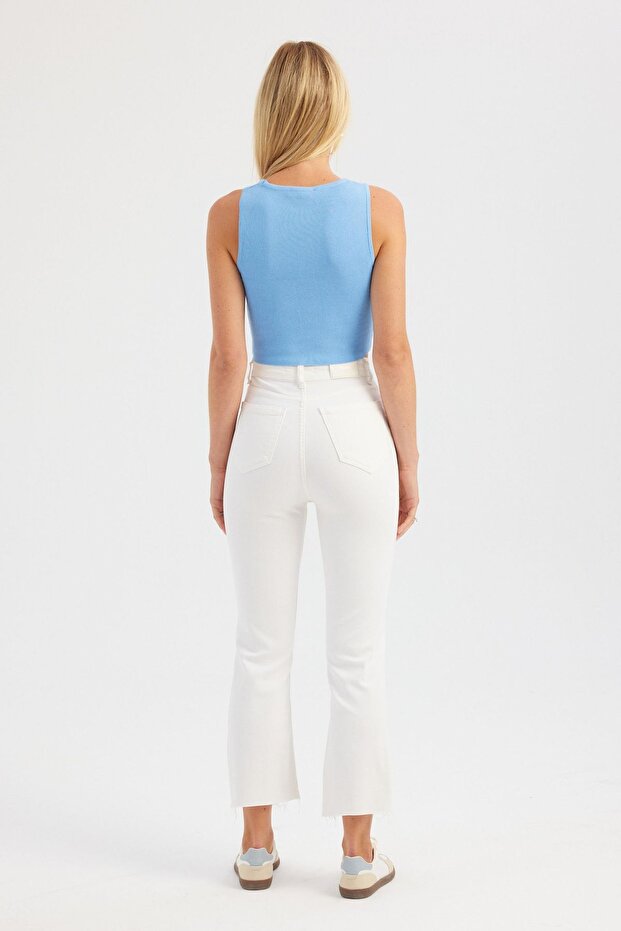 Bust Kesikli Bisiklet Yaka Örme Crop Top - 5