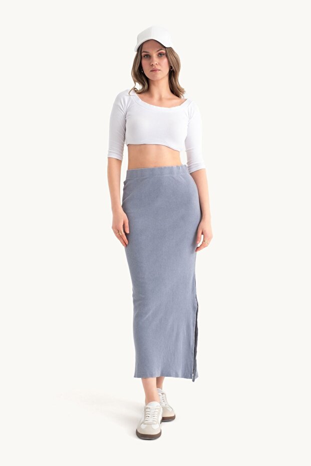 Normal Bel Beli Lastikli Basic Midi Etek - 5