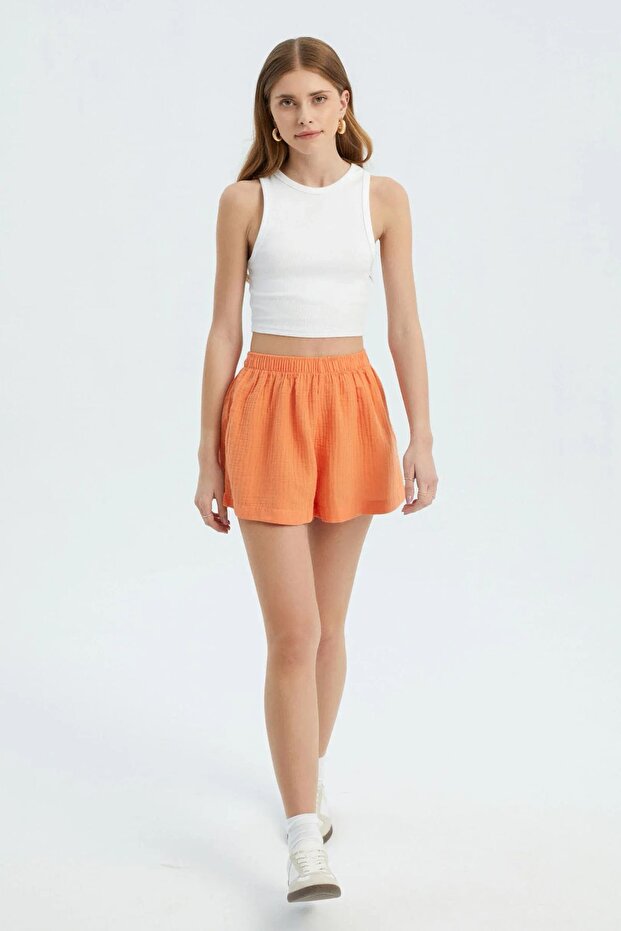 Keten Yüksek Bel Elastik Bel Şort - 1