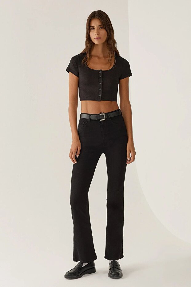 Düğmeli Havuz Yaka Crop Top - 3