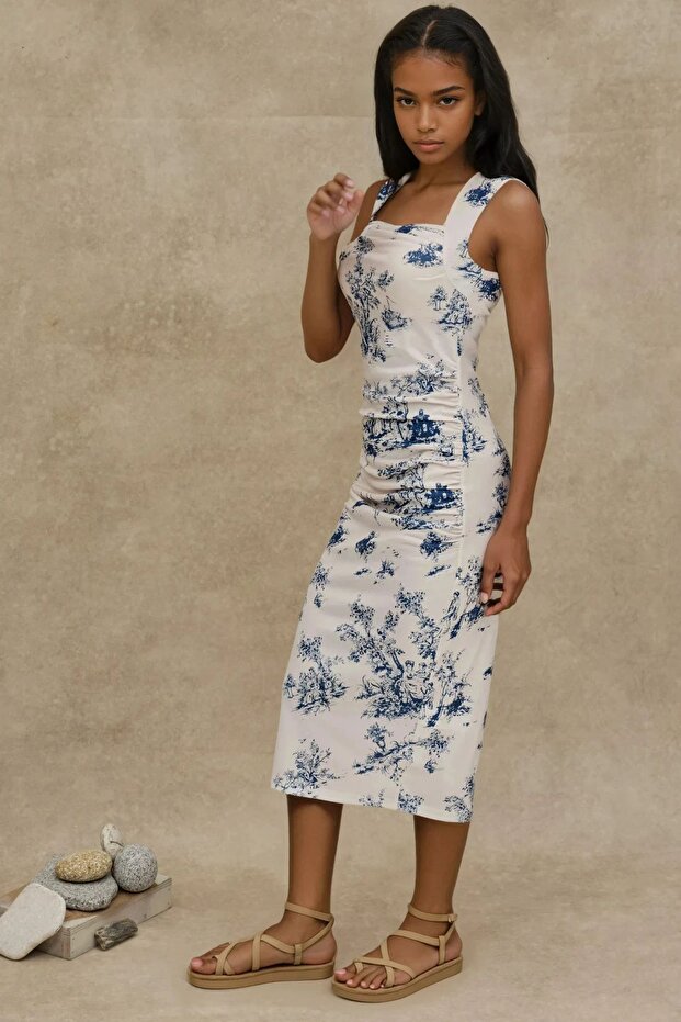 Kolsuz Baskılı Midi Elbise - 3