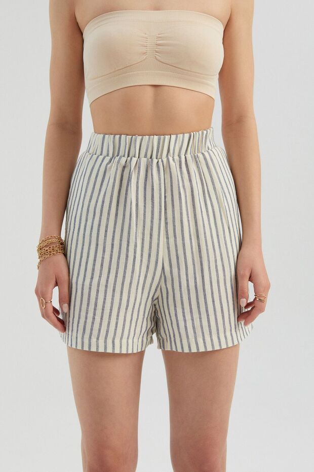 Şeritli Yüksek Bel Elastik Bel Şort - 6