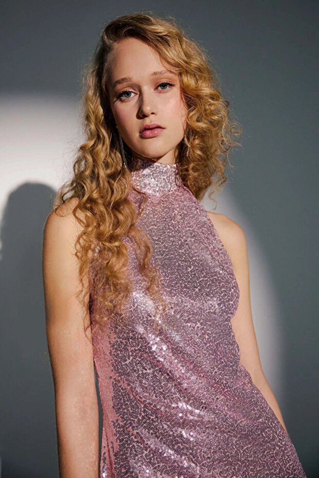 Payetli Halter Yaka Bodycon Mini Elbise - 3