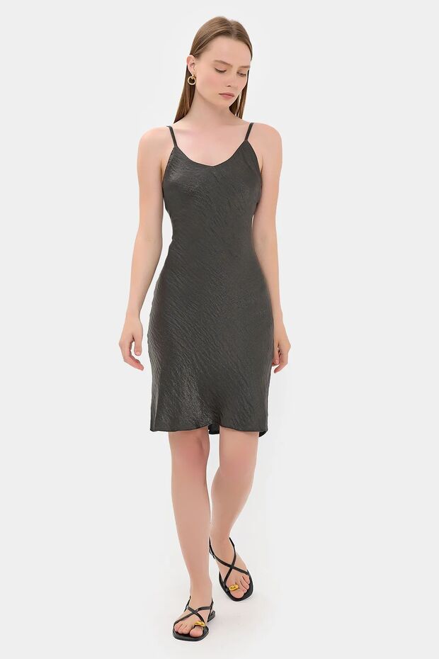 Satenden, Kolsuz, A-line Mini Elbise - 2