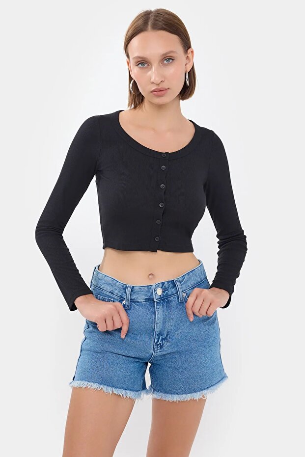 Crew Neck Button Detailed Woven Top