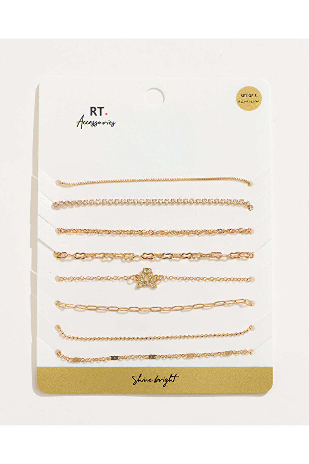 Women Gold Embellished Anklets Set (8 Piece)