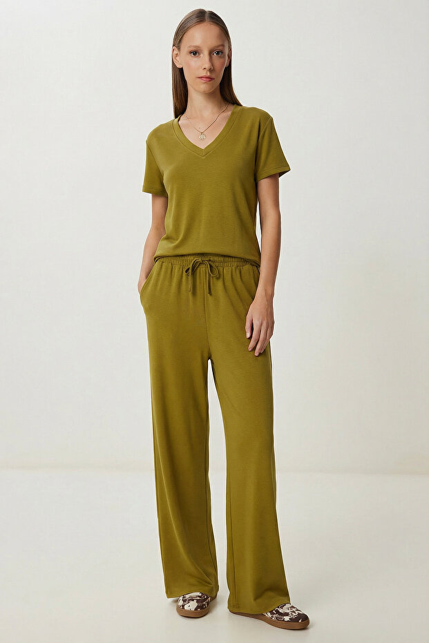 Comfortable Stretchy Knitted Top and Bottom Set Lby0006 Olive Green
