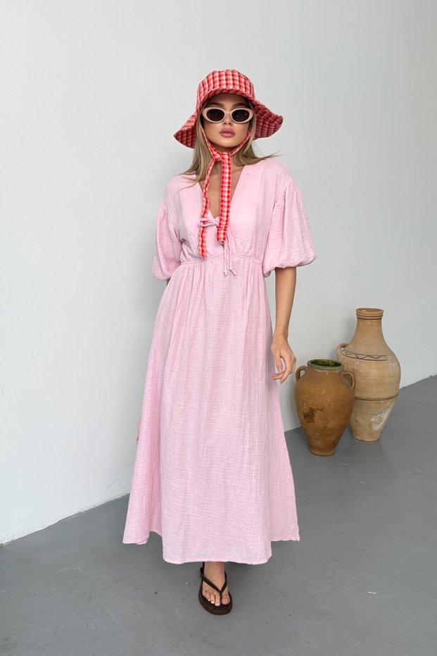Women's Tie Detail 100% Cotton Long Dress Pink - 26Y 3008