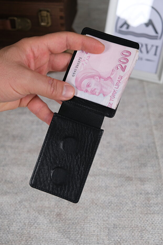 Genuine Leather Magnetic Slim Card Holder Black 1287