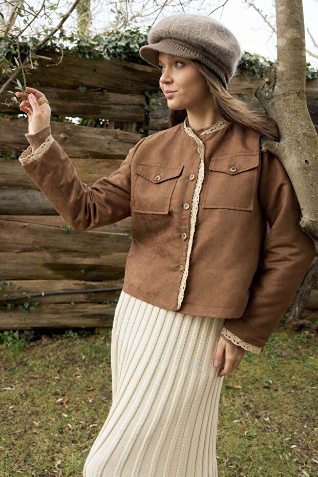 Dantelli Süet Ceket Taba - 2