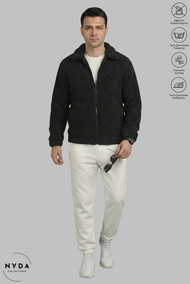 Men's Long Sleeve Winter Plush Fabric Polo Neck Zipper Jacket