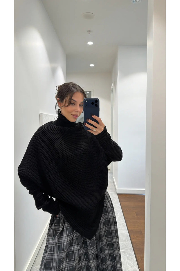 Women's Black Color Mock Neck Asymmetrical Sweater