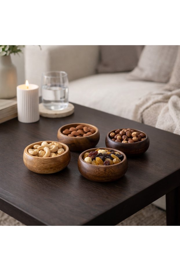 4-Piece Acacia Wood Handmade Snack Bowl Set Natural Serving Bowls Sauce Bowl & Snack Bowl Small Size