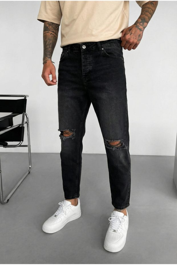 Boyfriend carrot fit ripped detail smoke grey washed denim men's jeans trousers Mz325