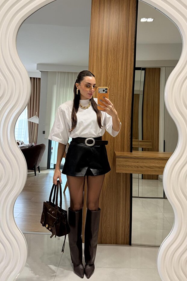 Fayme Siyah Deri Şort - 1