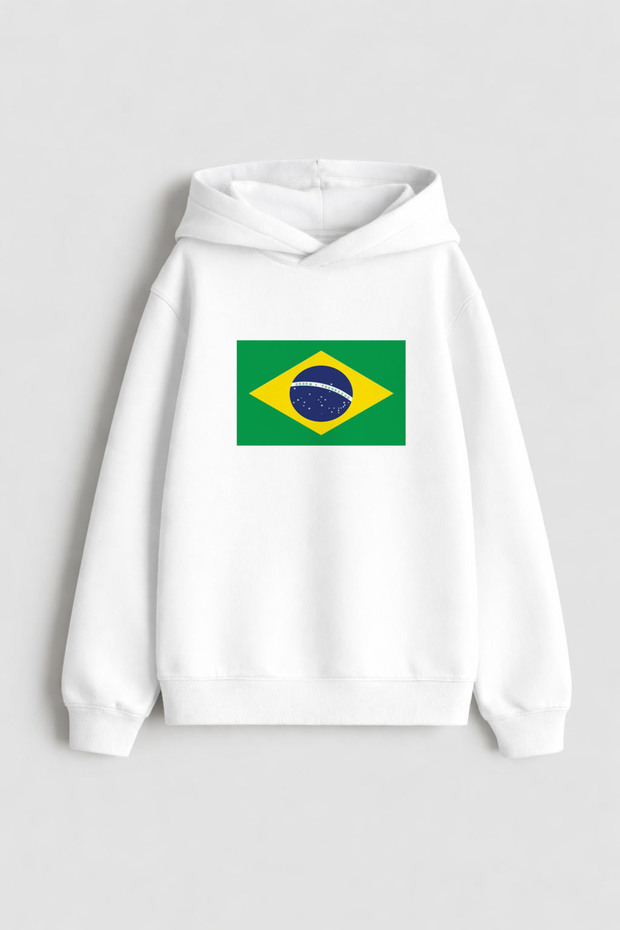 Brazil Flag Printed White Children's Hooded Sweatshirt