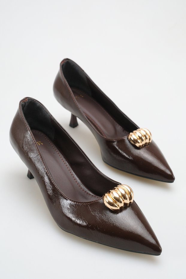Women's Buckle Detail Heeled Shoes Dark Brown Yanki