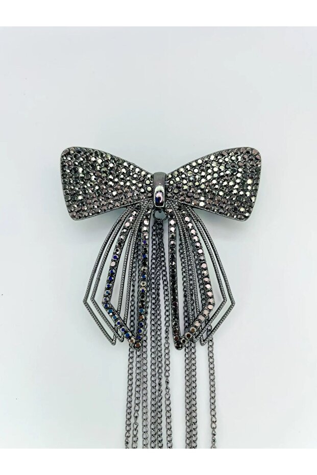 Full and Luxurious Stone-Encrusted Long Dangling Bow Model Automatic Buckle - Black Color