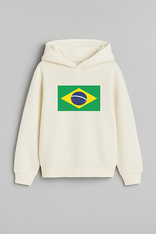 Brazil Flag Printed Ecru Children's Hooded Sweatshirt