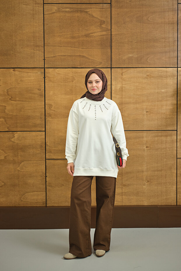 Kadın Yaka Taş Detay Tunik Beyaz - 1