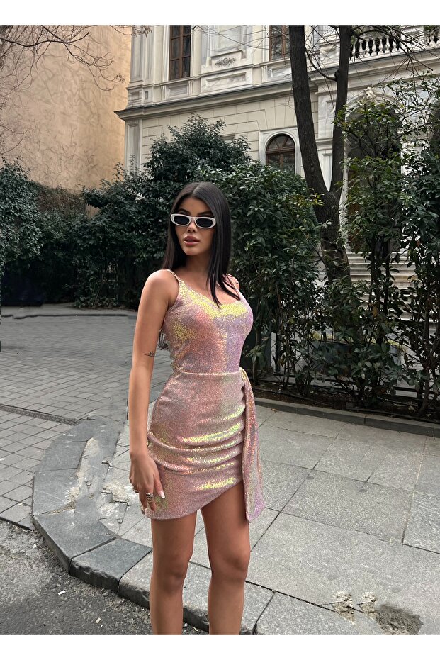 Premium Trend Yansımalı Pullu Mini Gece Elbisesi - 7