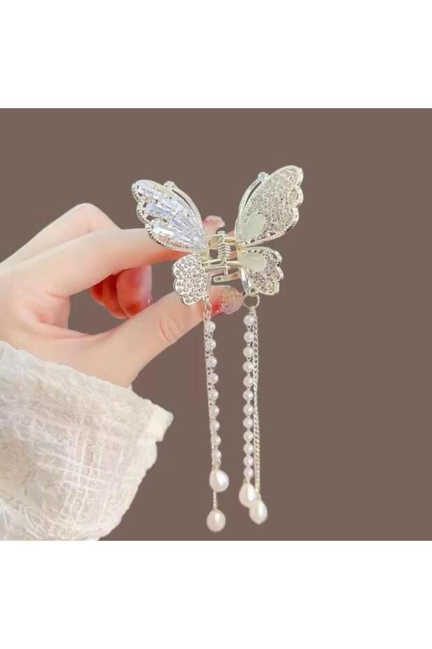 Full and Luxurious Stone-Encrusted Long Dangling Pearl Butterfly Model Clasp