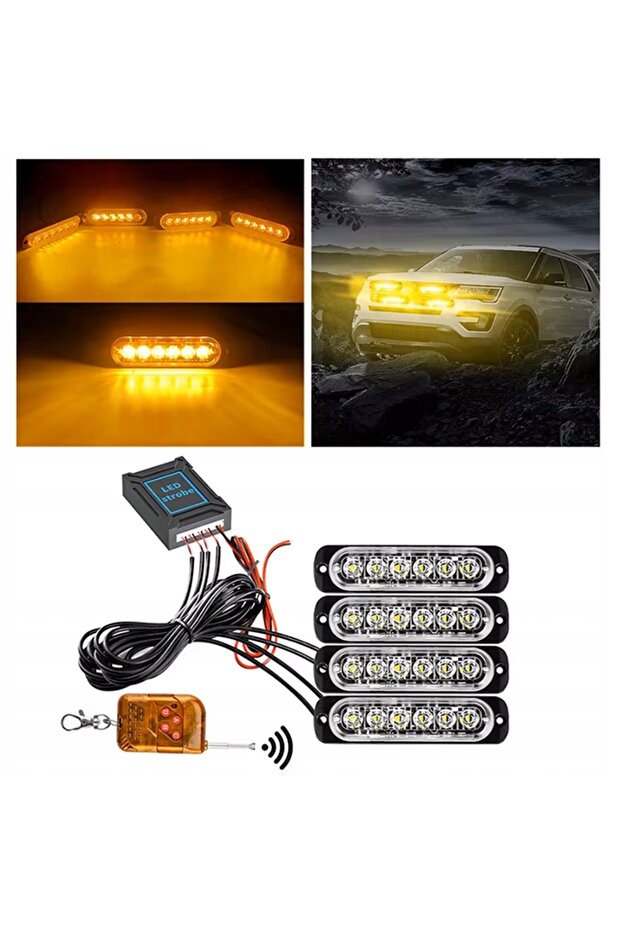 4x LED ORANGE FLASH WARNING LAMP REMOTE CONTROL STROBE PROGRAMS - 9