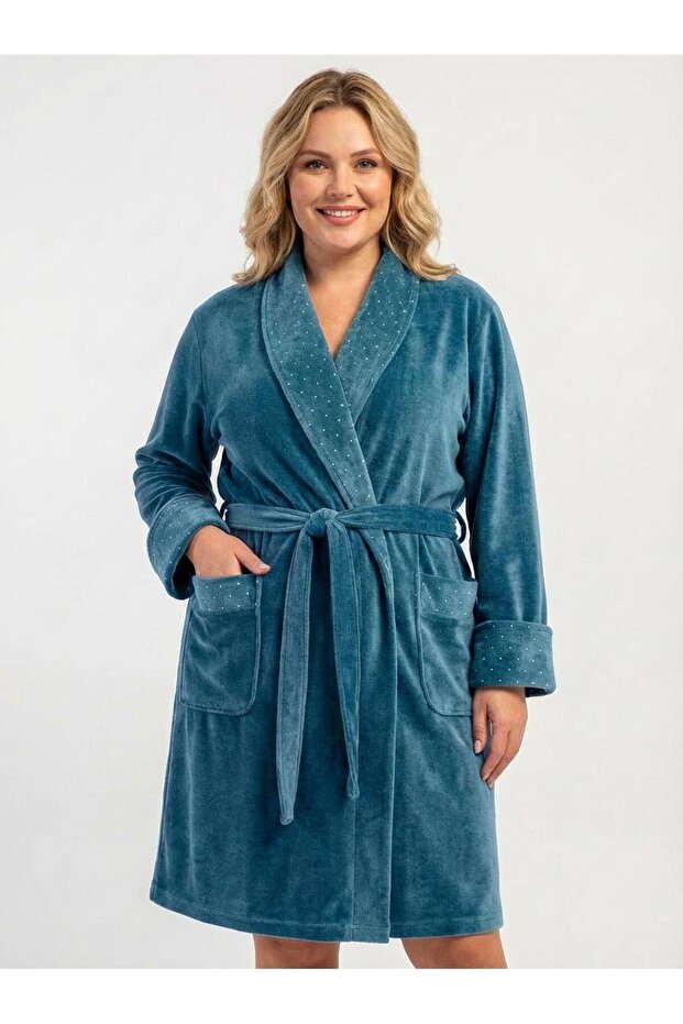 Women's Plus Size Dressing Gown - Velvet Shawl Collar with Pockets 100% Cotton Petrol Dressing Gown Cot618134