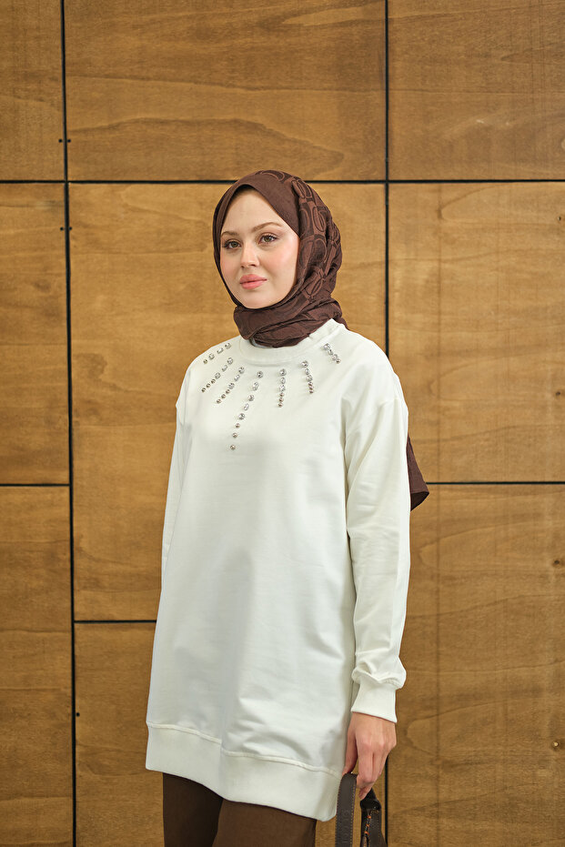 Kadın Yaka Taş Detay Tunik Beyaz - 5