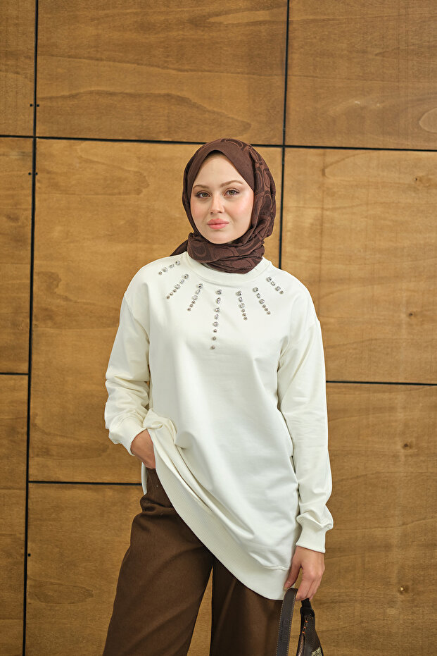 Kadın Yaka Taş Detay Tunik Beyaz - 3