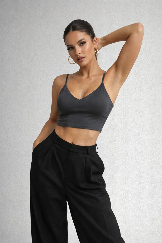 Women's Anthracite Strappy V-Neck Crop Tank Top