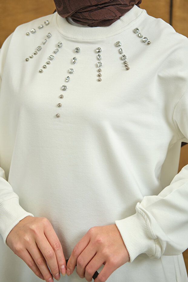 Kadın Yaka Taş Detay Tunik Beyaz - 6