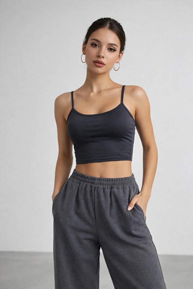 Women's Anthracite Strappy Crew Neck Crop Tank Top