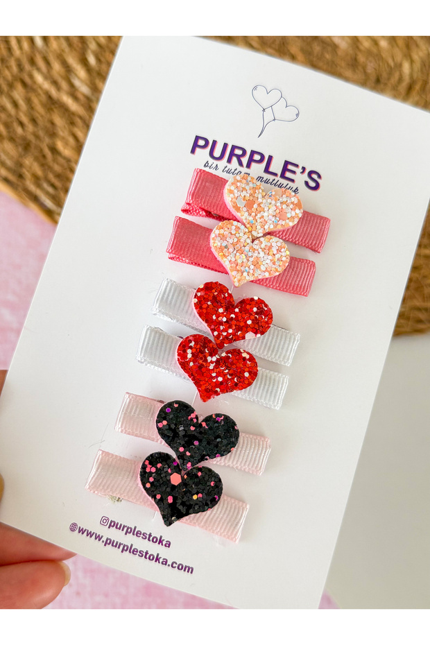 Handmade Design 6-Piece Glitter Heart Detailed Girls' Baby Hair Clip Set
