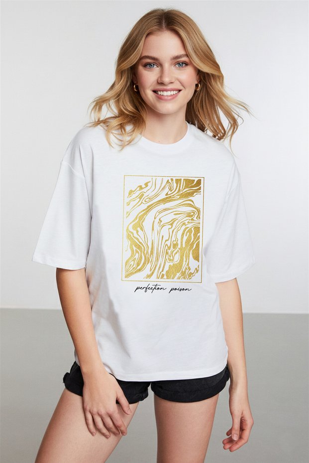 Women's Gold Figur Printed Round Neck White T-Shirt
