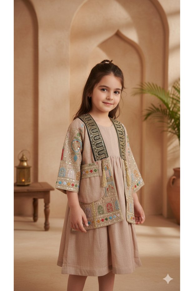 Ramadan Collection Girls Embroidered Dress & Vest Set with Cross Body Pouch