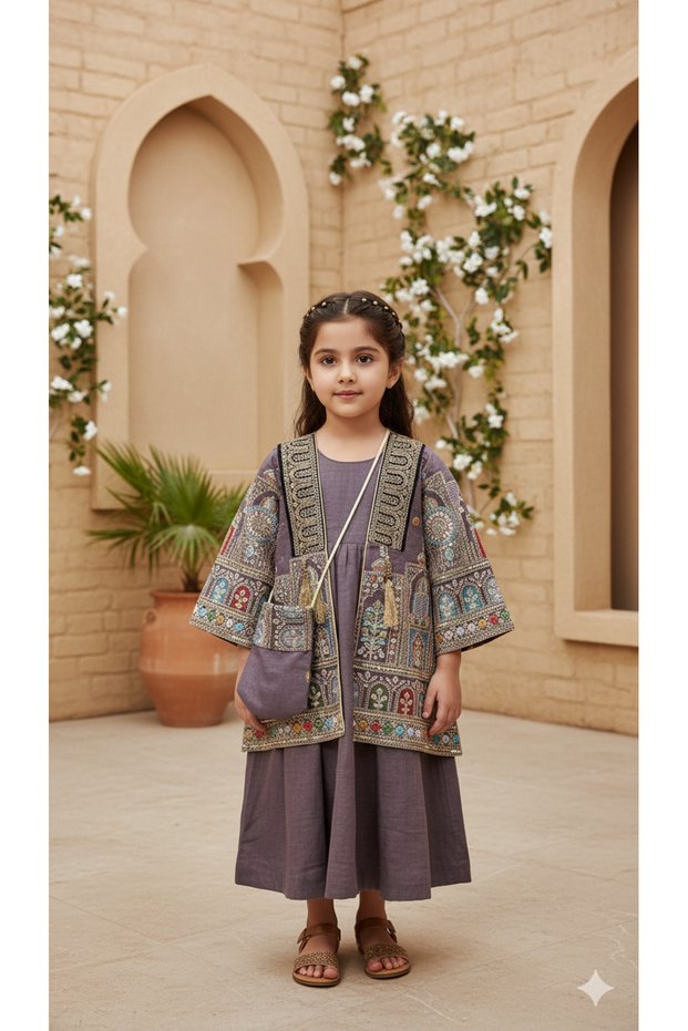 Ramadan Collection Girls Embroidered Dress & Vest Set with Cross Body Pouch