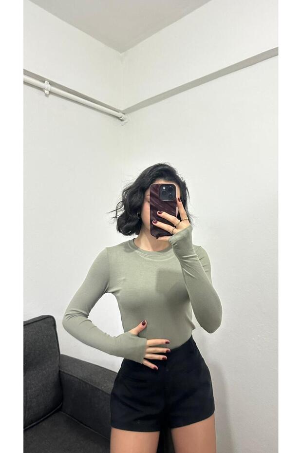 mint yeşili parmak geçirmeli basic bluz - 3